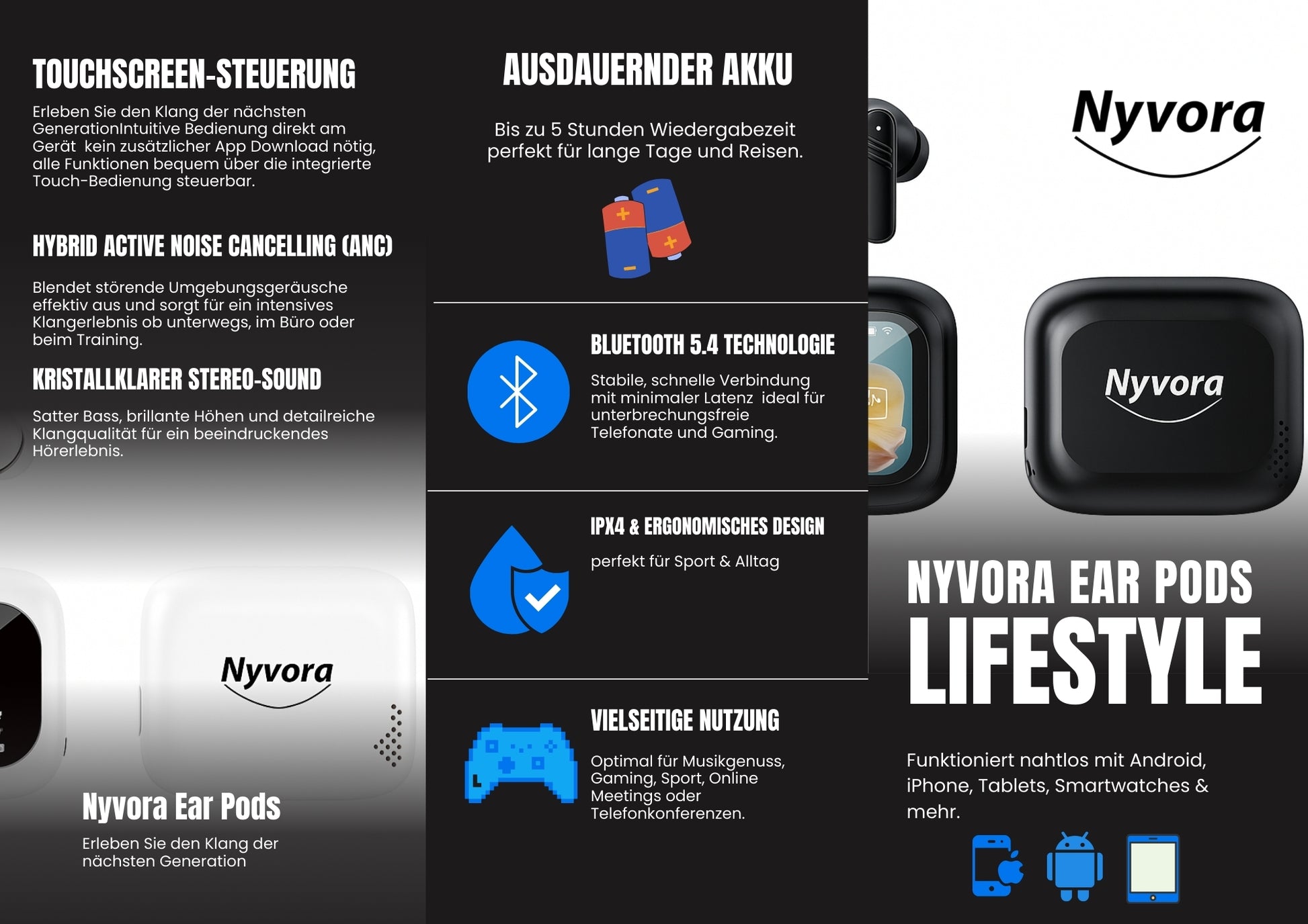 Nyvora Ear Pods – تحكم باللمس وصوت عالي الدقة - Nyvora